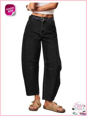 Barrel Jeans Women Mid Rise Baggy Cropped Ankle Denim Pants